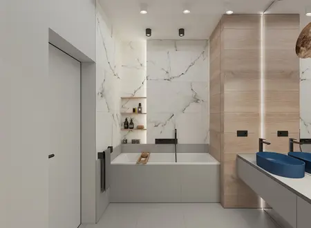 Nowoczesna łazienka minimalistyczna z marmurem i drewnem.