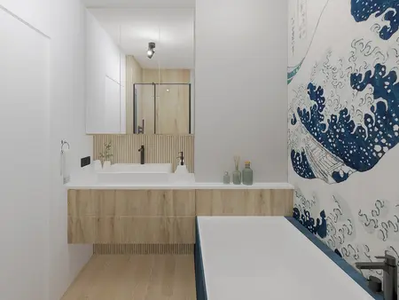 Nowoczesna łazienka z drewnianymi elementami, wanną i dekoracją w stylu dopamine decor.