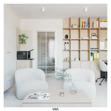 Wnętrze salonu w stylu japandi i minimalistycznym z białymi meblami i drewnianymi akcentami.