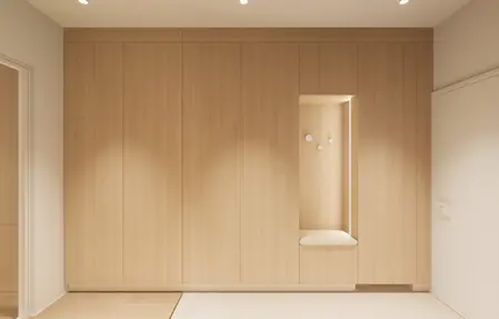 Przedpokój w stylu japandi z minimalistycznym umeblowaniem i nowoczesnymi detalami.