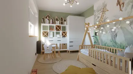Pokój dziecięcy z drewnianym łóżkiem i dekoracjami dopamine decor.