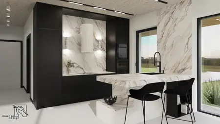 Nowoczesna kuchnia z czarnymi meblami i marmurowym blatem, minimalistyczny design.