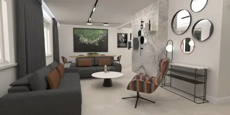 Wnętrze salonu z szarymi meblami, lustrami i minimalistycznym wystrojem dopaminowym.