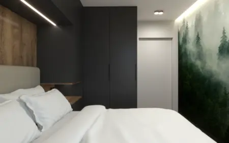 Wnętrze sypialni z nowoczesnym minimalizmem i drewnianymi detalami.