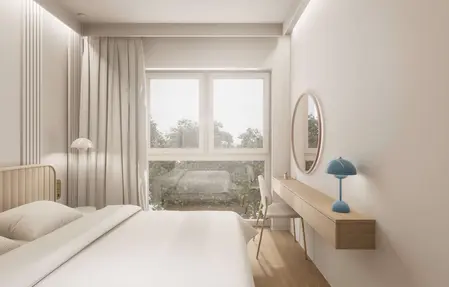 Wnętrze sypialni w stylu japandi, minimalistycznym i nowoczesnym z drewnianymi akcentami.