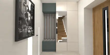 Wnętrze przedpokoju z drewnianymi schodami, minimalistyczne meble, dopamina decor, industrialny i japandi.