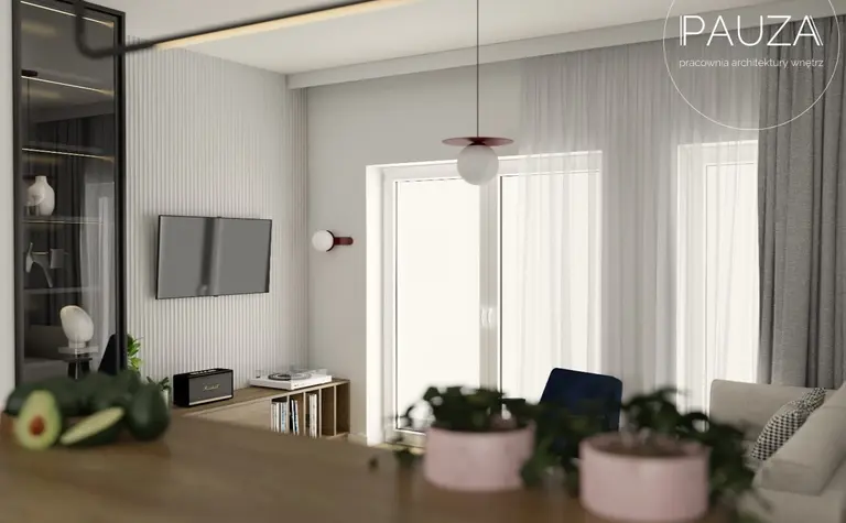 Wnętrze salonu z nowoczesnym telewizorem i roślinami w doniczkach, styl vintage i współczesny.