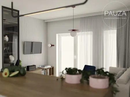 Wnętrze salonu z nowoczesnym telewizorem i roślinami w doniczkach, styl vintage i współczesny.
