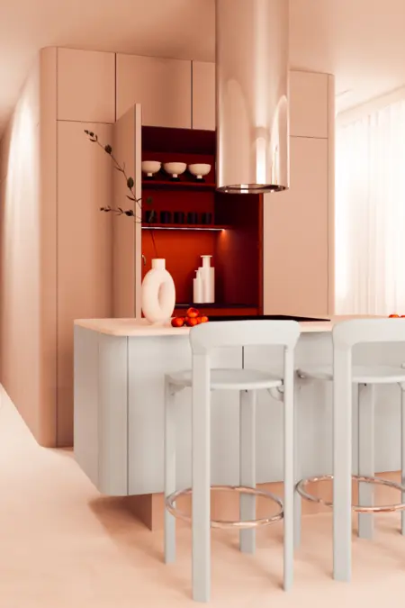 Nowoczesna kuchnia w stylu eklektycznym i minimalistycznym z beżowymi meblami.