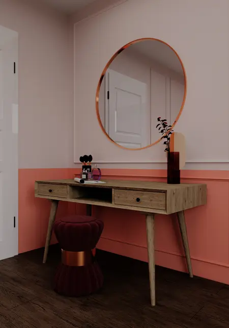 Wnętrze z toaletką w stylu glamour i tradycyjnym z okrągłym lustrem.