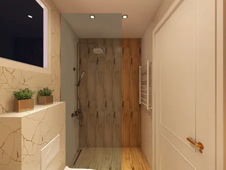 Eklektyczna łazienka z drewnianym wykończeniem i minimalistycznymi detalami.