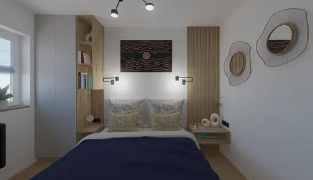 Wnętrze sypialni z drewnianymi detalami i kolorowymi poduszkami w stylu dopamine decor.