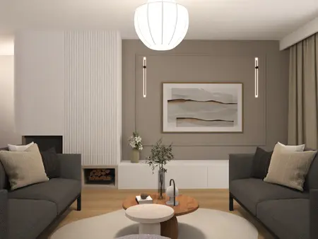 Wnętrze salonu w stylu japandi, minimalistycznym i tradycyjnym z szarymi ścianami.