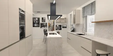 Kuchnia w stylu dopamine decor, industrialnym i japandi z białymi meblami.