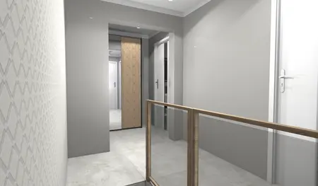 Korytarz w stylu industrialnym z drewnianymi elementami i minimalistycznymi ścianami.
