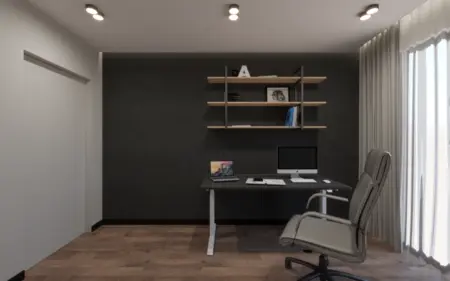 Wnętrze gabinetu w stylu nowoczesnym i soft minimalizm z biurkiem i regałem.
