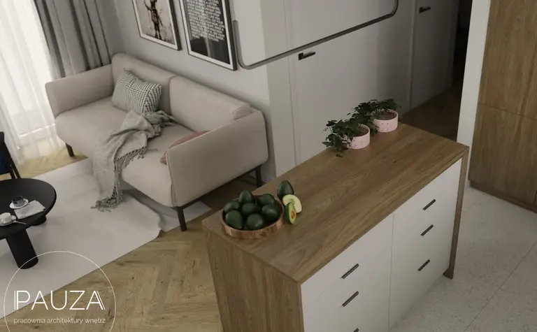 Nowoczesne wnętrze z beżową sofą i drewnianym stołem, styl vintage i współczesny.