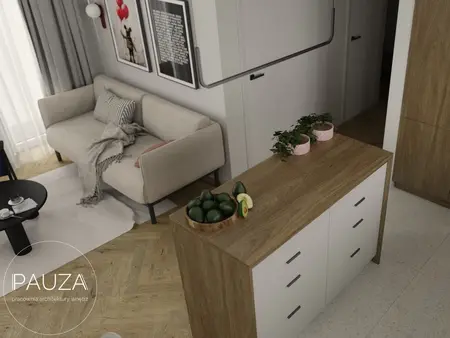 Nowoczesne wnętrze z beżową sofą i drewnianym stołem, styl vintage i współczesny.