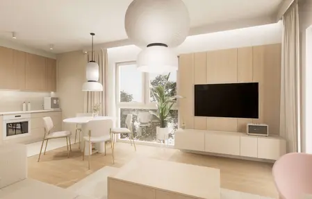 Wnętrze kuchni w stylu japandi z minimalistycznymi meblami i elementami quiet luxury.