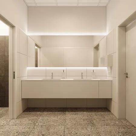 Nowoczesna łazienka z minimalistycznym wystrojem, białą umywalką i delikatnym oświetleniem.