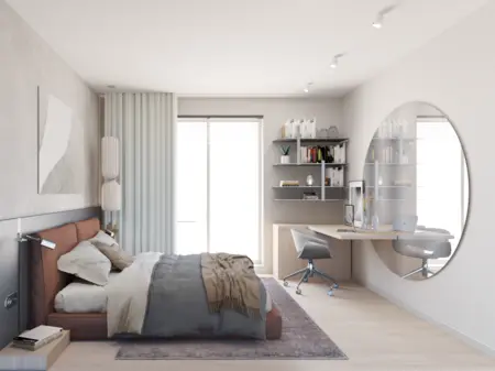 Sypialnia z nowoczesnym biurkiem i brązowym łóżkiem, współczesny design.