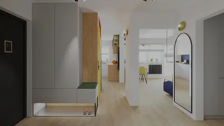 Przedpokój z zieloną ławką, drewnianymi meblami i dużym lustrem w stylu dopamine decor.