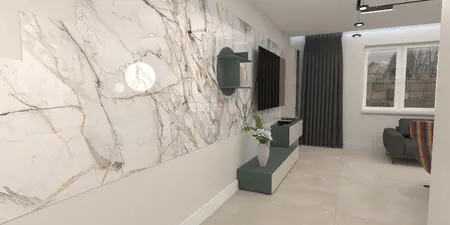 Wnętrze z białą ścianą, szarymi meblami i roślinami, styl dopamine decor, industrialny, japandi, minimaluxe, nowoczesny, quiet luxury, współczesny.