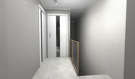 Przedpokój z nowoczesnym designem, drewnianą balustradą i minimalistycznymi detalami.