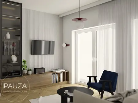 Nowoczesne wnętrze salonu z drewnianymi meblami, telewizorem i zasłonami.