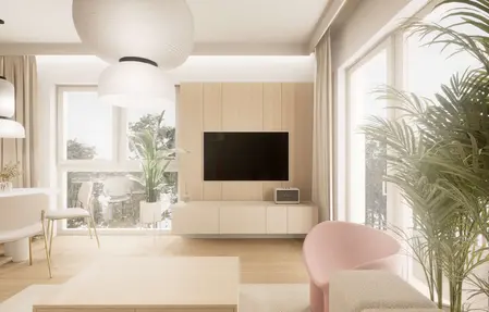 Wnętrze salonu w stylu japandi z minimalistycznymi meblami i roślinami.