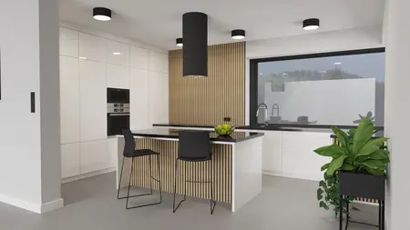 Kuchnia w stylu industrialnym z białymi meblami i drewnianymi detalami.