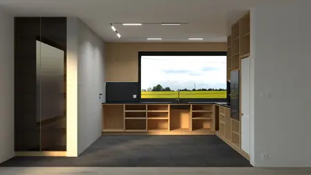 Minimalistyczna kuchnia z drewnianymi meblami, czarnym blatem i dużym oknem.