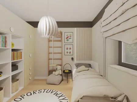 Pokój dziecięcy w stylu japandi, minimalistycznym i tradycyjnym z łóżkiem i regałem