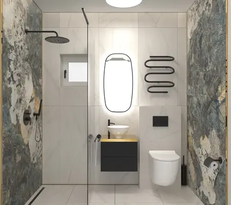 Wnętrze łazienki w stylu dopamine decor, industrialnym i minimalistycznym z nowoczesnymi akcesoriami.