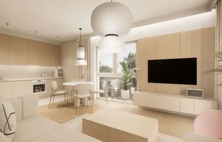 Wnętrze kuchni w stylu japandi i minimalistycznym z drewnem i nowoczesnymi lampami.