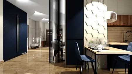Nowoczesna kuchnia z niebieskimi meblami i drewnianym blatem, stylowy design