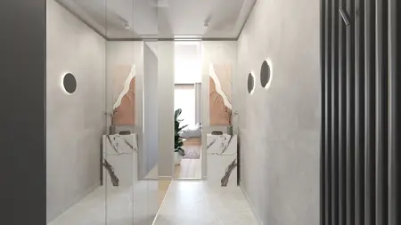 Nowoczesny przedpokój z lustrami, dekoracjami i roślinami.