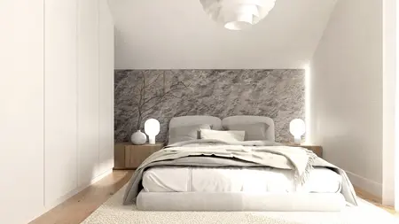 Wnętrze sypialni w stylu japandi i skandynawskim z miękkim minimalizmem.