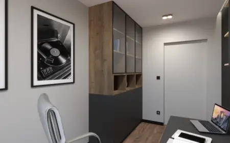 Wnętrze gabinetu w stylu nowoczesnym i soft minimalizm z drewnianymi elementami.