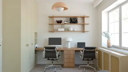 Gabinet w stylu boho i soft minimalizm z biurkiem i nowoczesnymi akcesoriami.