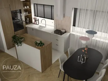Nowoczesna kuchnia z drewnianą wyspą, białymi meblami i vintage akcentami.