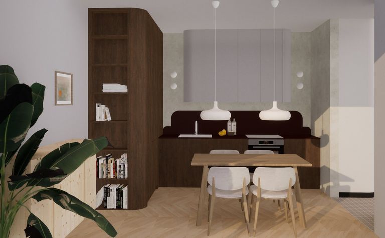 Eklektyczne wnętrze kuchni z drewnianymi meblami, minimalistycznymi detalami i vintage dodatkami.