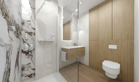 Nowoczesna łazienka z minimalistycznym designem, drewnianymi elementami i eleganckimi płytkami.