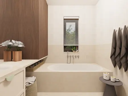Wnętrze łazienki w stylu japandi, minimalistycznym i tradycyjnym z wanną.