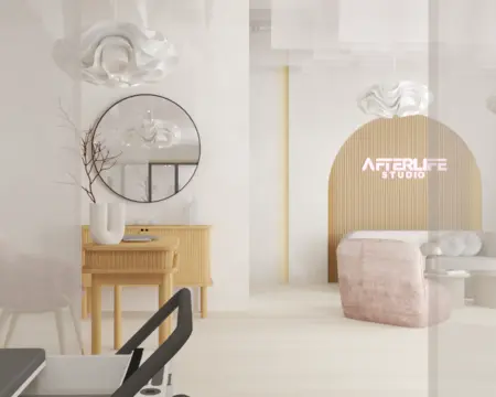 Wnętrze biura w stylu soft minimalizm z jasnymi meblami i lustrami.