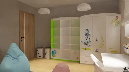 Pokój dla dzieci z kolorową szafą i zieloną półką, współczesny design.
