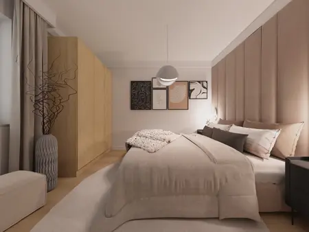 Sypialnia w stylu japandi z beżowymi akcentami i minimalistycznymi detalami.