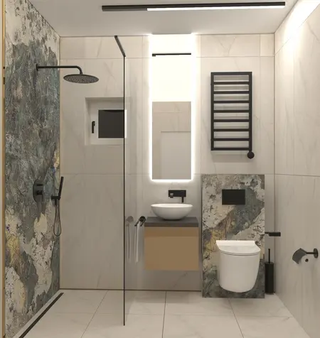 Nowoczesna łazienka w stylu dopamine decor i minimalistycznym z elementami industrialnymi.
