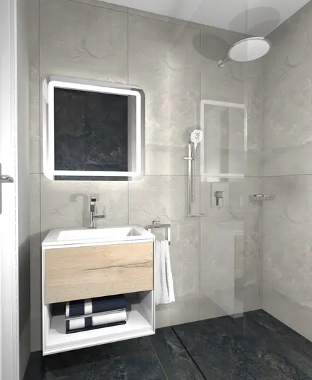 Nowoczesna łazienka z szarymi ścianami, minimalistyczną umywalką i lustrem w stylu dopamine decor.