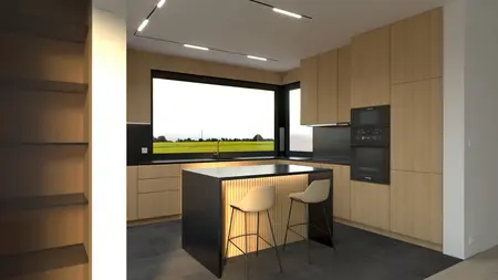 Nowoczesna kuchnia z dużym oknem, wyspą kuchenną z podświetleniem i frontami z jasnego drewna. Czarne akcenty, w tym blat i sprzęty AGD, nadają elegancji.